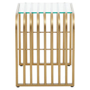 Angled studio view of the gold end table showing the clear glass top and slatted frame