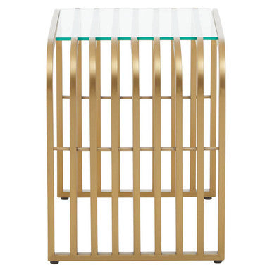 Angled studio view of the gold end table showing the clear glass top and slatted frame