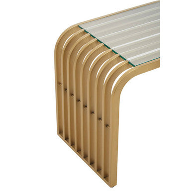 Close-up of the matte gold finish on the slatted stainless steel frame