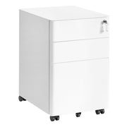Matte white steel filing cabinet with lock and three drawers on castors, studio angle view