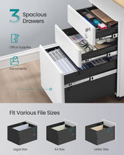 Three open drawers showing office supplies and hanging files fitting Legal, A4 and Letter sizes