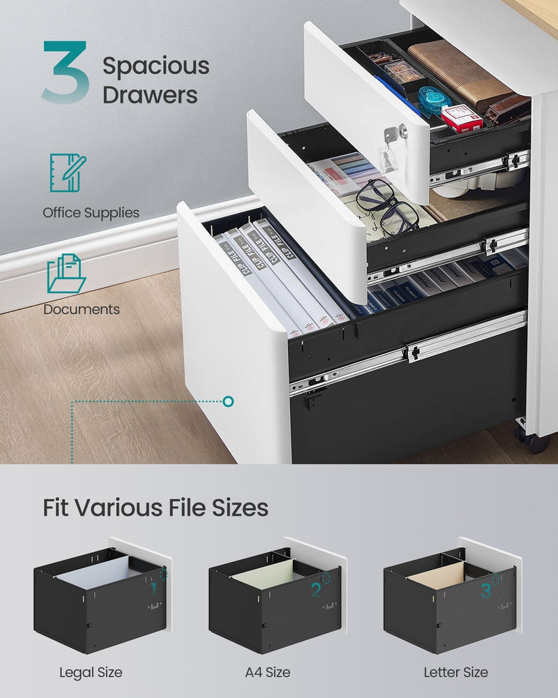 Three open drawers showing office supplies and hanging files fitting Legal, A4 and Letter sizes