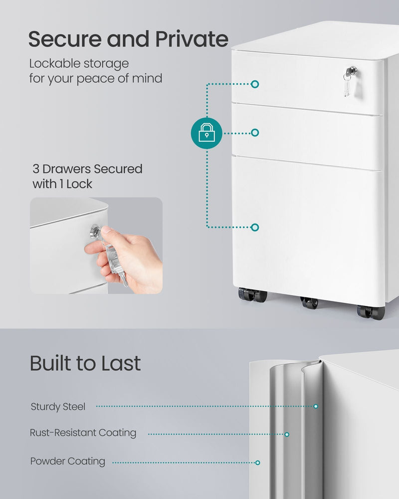 Lock diagram showing one key securing all three drawers on the steel cabinet