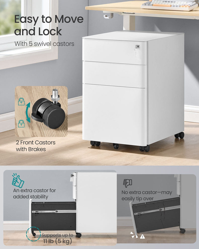 Close-up of the 5 swivel castors with 2 front brakes fitted to the cabinet base
