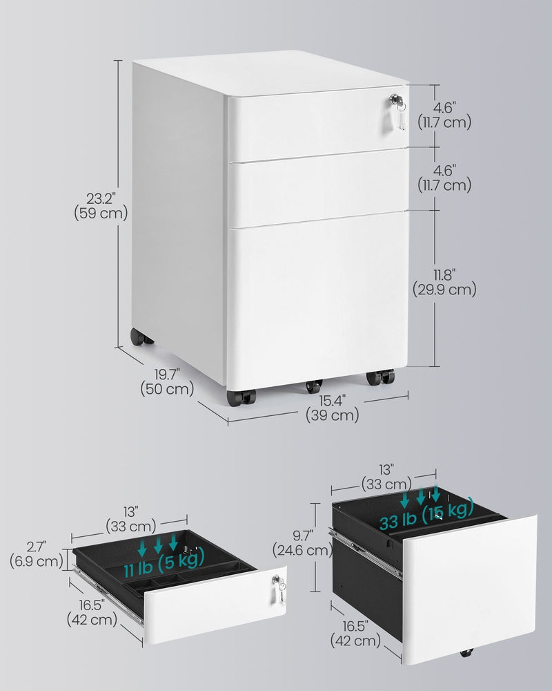 Dimension diagram showing 39 x 50 x 59 cm cabinet size and drawer load capacities