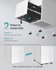Assembly diagram showing the 2 steps to attach the 5 castors to the cabinet