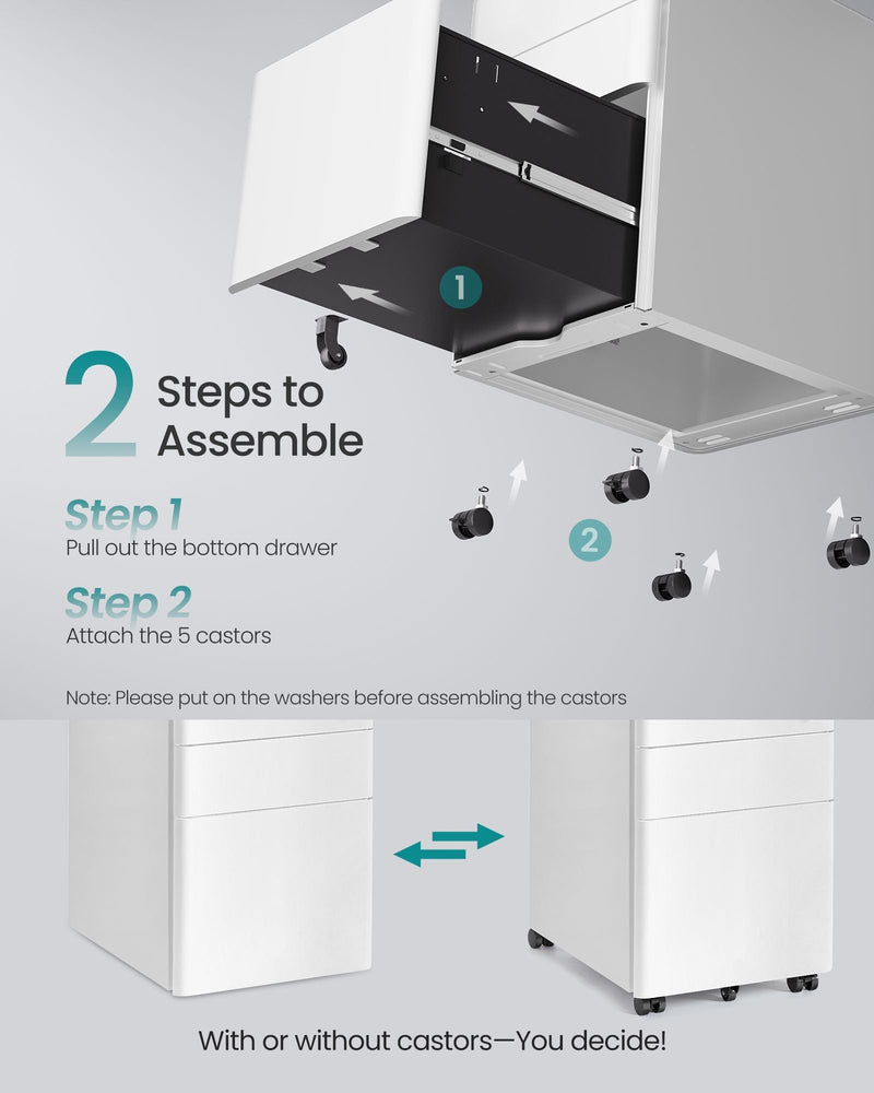 Assembly diagram showing the 2 steps to attach the 5 castors to the cabinet