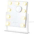 Compact matte white vanity mirror with 9 LED bulbs and a magnifying mirror on a white background