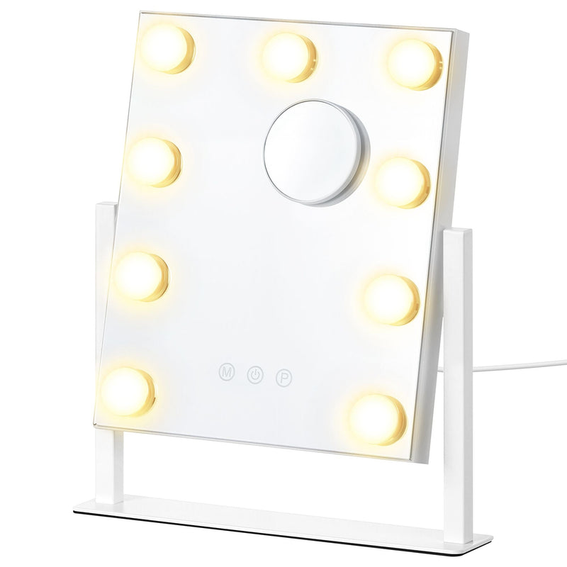 Compact matte white vanity mirror with 9 LED bulbs and a magnifying mirror on a white background