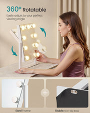 Compact vanity mirror tilting through 360 degrees with steel frame and non-slip base close-ups
