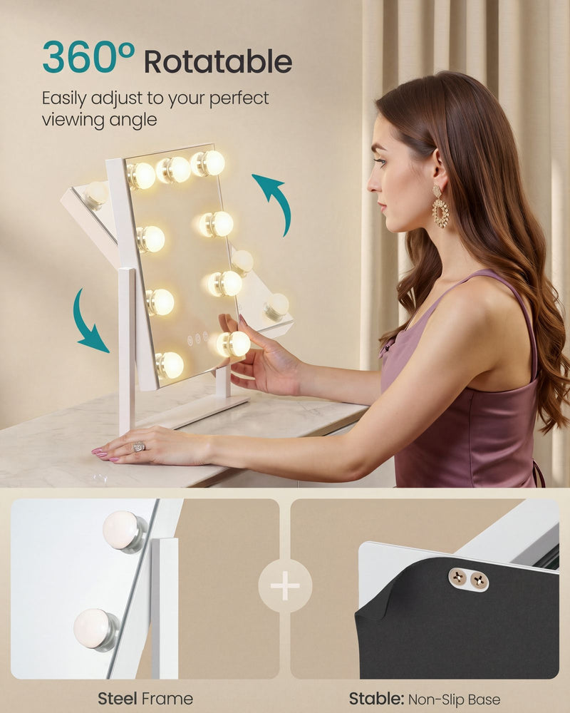 Compact vanity mirror tilting through 360 degrees with steel frame and non-slip base close-ups
