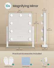 Dimensions diagram of the compact vanity mirror with the charger, cleaning cloth and assembly gloves included