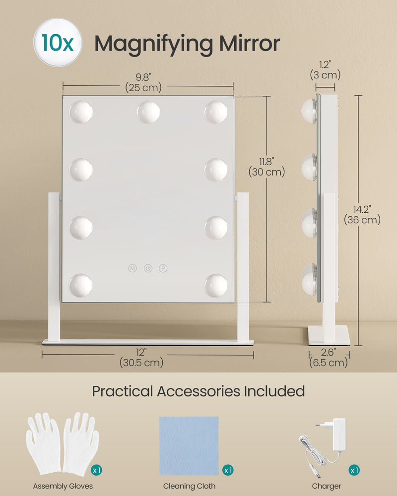 Dimensions diagram of the compact vanity mirror with the charger, cleaning cloth and assembly gloves included