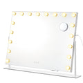 Matte white rotating vanity mirror with 18 LED bulbs and a magnifying mirror on a white background