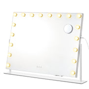 Matte white rotating vanity mirror with 18 LED bulbs and a magnifying mirror on a white background