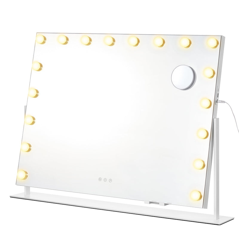 Matte white rotating vanity mirror with 18 LED bulbs and a magnifying mirror on a white background