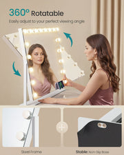 Vanity mirror tilting through 360 degrees with steel frame and non-slip base close-ups