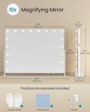 Dimensions diagram of the rotating vanity mirror with the charger, cleaning cloth and assembly gloves included