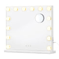Matte white vanity mirror with 14 LED bulbs, square corners and a base