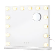 Matte white vanity mirror with 14 LED bulbs, square corners and a base