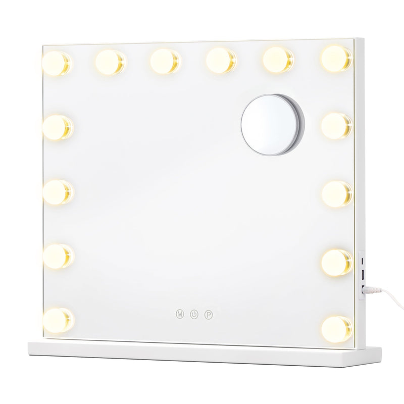 Matte white vanity mirror with 14 LED bulbs, square corners and a base