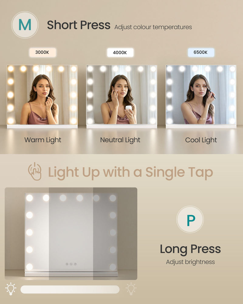 Panel showing 3000K, 4000K and 6500K light colours and the long-press brightness control
