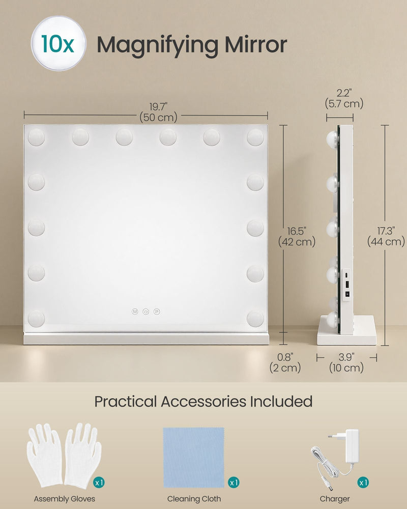 Dimensions diagram showing 50 cm width, 44 cm height and 10 cm base depth with included accessories