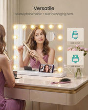 Woman styling her hair at the mirror with USB-C and USB-A charging ports and a phone holder