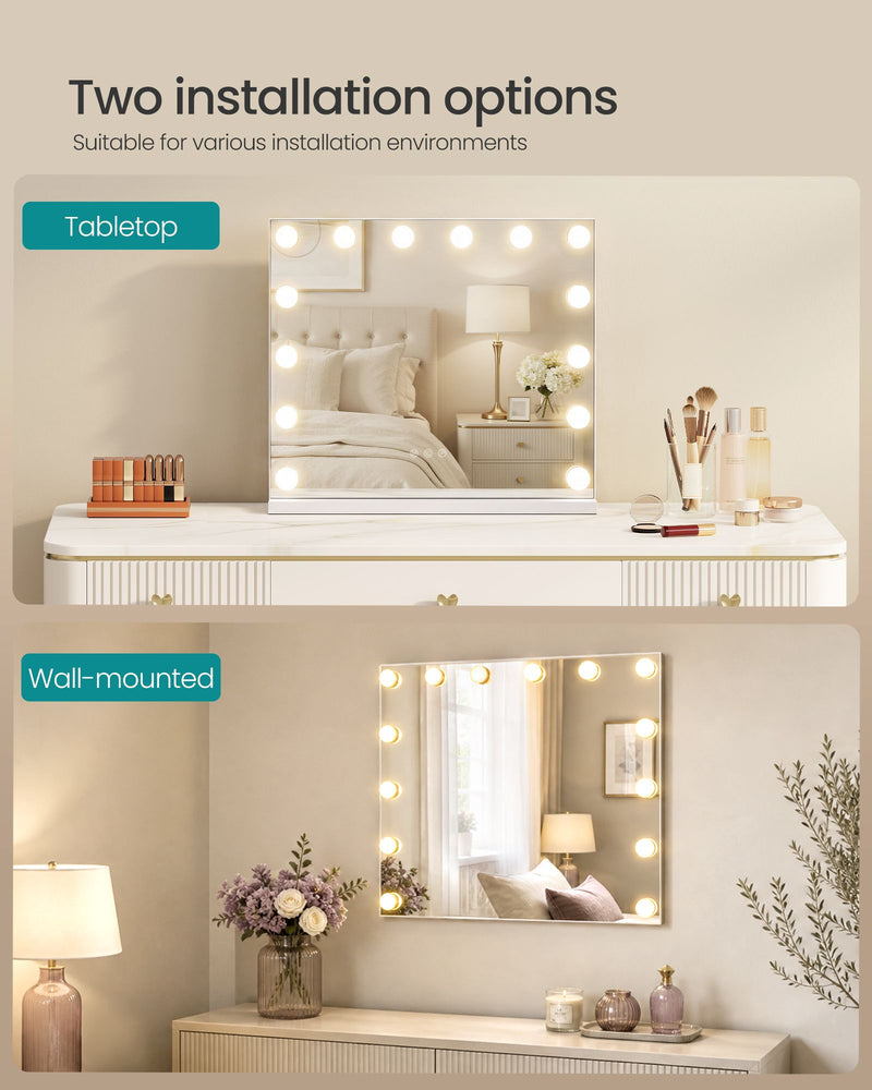 Vanity mirror shown on a tabletop and mounted on a wall