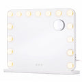 Matte white vanity mirror with 15 LED bulbs, rounded corners and a base