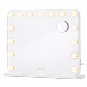 Matte white vanity mirror with 15 LED bulbs, rounded corners and a base