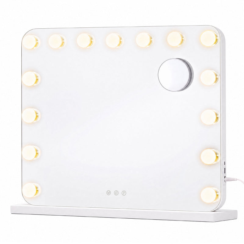 Matte white vanity mirror with 15 LED bulbs, rounded corners and a base
