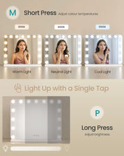 Panel showing 3000K, 4000K and 6500K light colours and the long-press brightness control