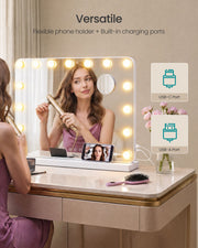 Woman styling her hair at the mirror with USB-C and USB-A charging ports and a phone holder