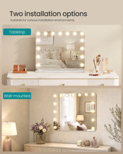 Vanity mirror shown on a tabletop and mounted on a wall