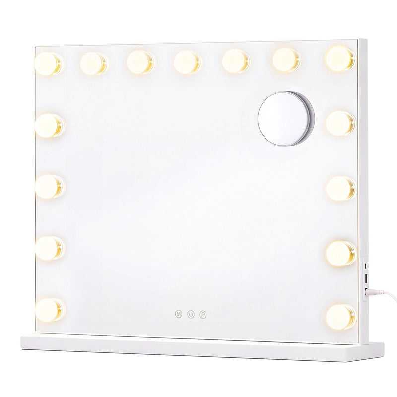 Matte white vanity mirror with 15 LED bulbs, square corners and a base