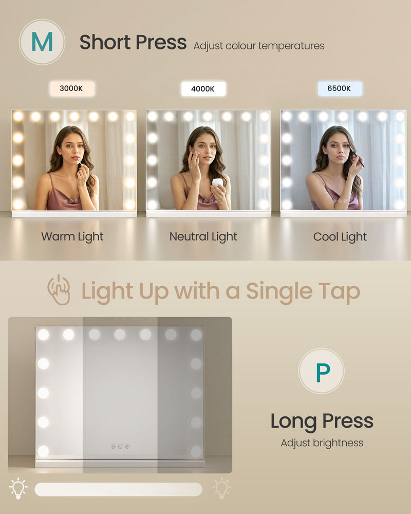 Panel showing 3000K, 4000K and 6500K light colours and the long-press brightness control