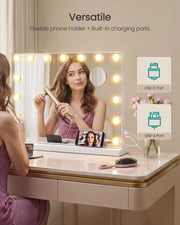 Woman styling her hair at the mirror with USB-C and USB-A charging ports and a phone holder