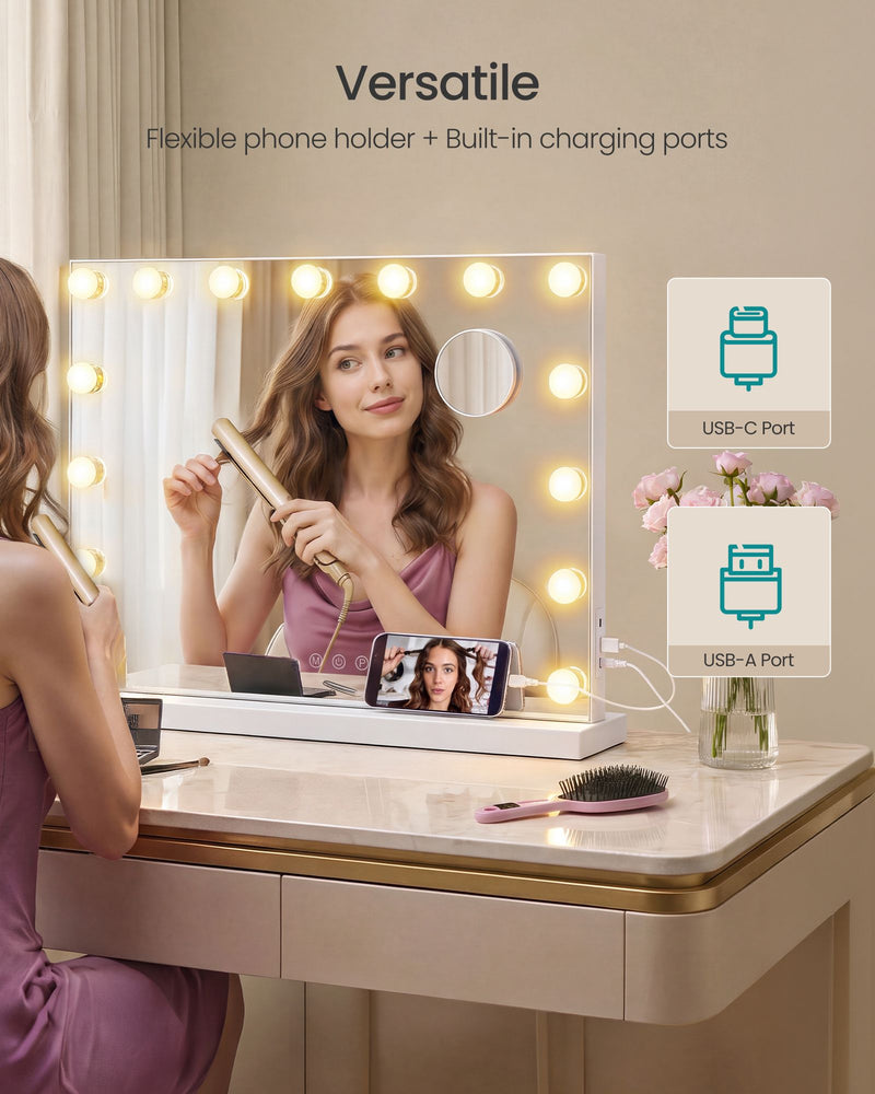 Woman styling her hair at the mirror with USB-C and USB-A charging ports and a phone holder