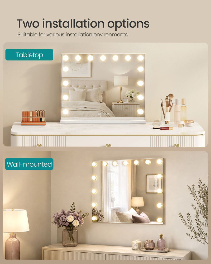Vanity mirror shown on a tabletop and mounted on a wall