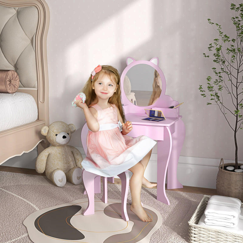 Kids Vanity Table with Mirror Stool and Storage Ideal for Ages 3 to 6 Years, Pink