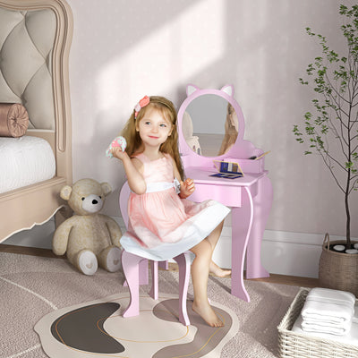 Kids Vanity Table with Mirror Stool and Storage Ideal for Ages 3 to 6 Years, Pink