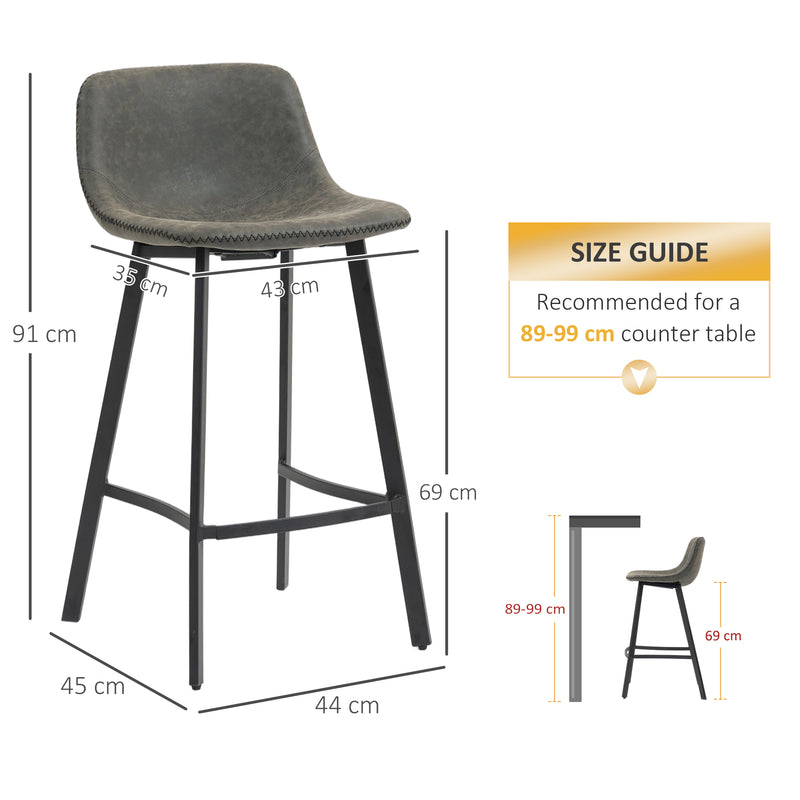 Set of 2 PU Leather Bar Stools with Backrest and Footrest for Kitchen or Breakfast Bar Grey