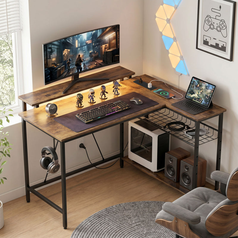 L Shaped Corner Desk with Shelves and Power Outlets for Organised Home Office Rustic Brown