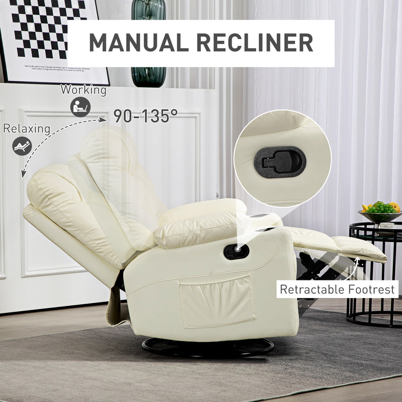 Manual Reclining Swivel Armchair With Footrest And Cup Holders For Lounge Use, Cream