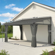 Lean To Steel Roof Garden Pergola With Netting Ideal For Patios And Outdoor Shade Dark Grey AOSOM