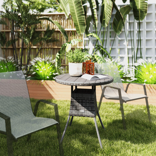 Grey Round 4 Seater Rattan Garden Table with Wood Effect Top for Outdoor Dining 70cm