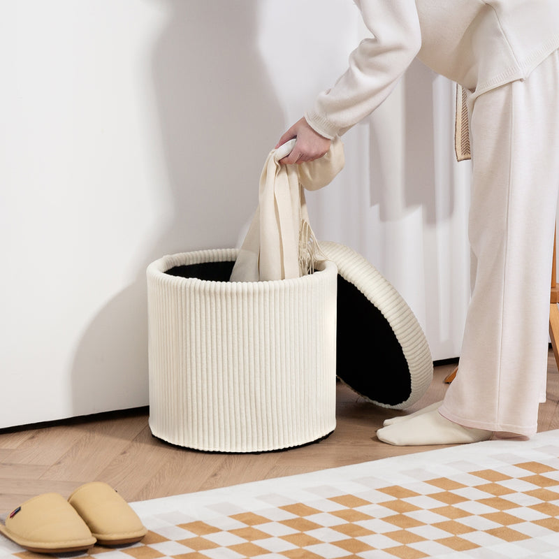 Beige 40cm Round Corduroy Storage Ottoman with Removable Lid and Legs for Living Room or Bedroom by HOMCOM