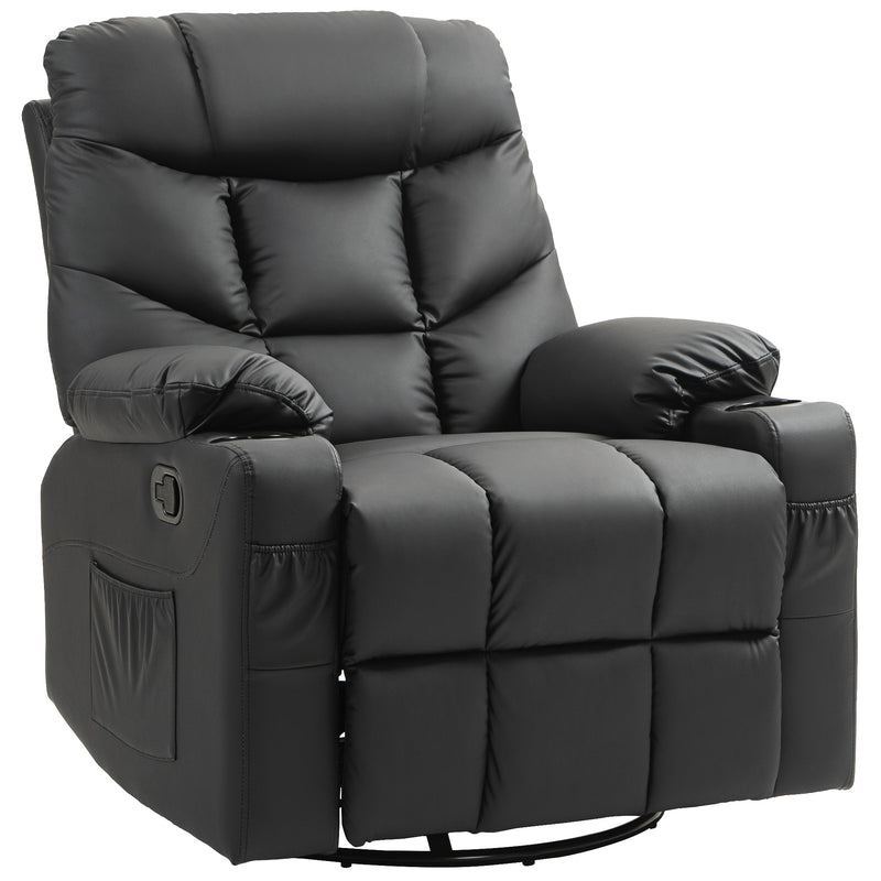 Manual Recliner Armchair With Swivel Base Cup Holders And Footrest For Living Room Black