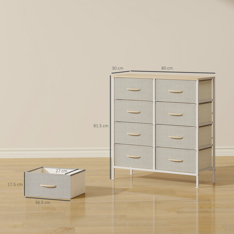 Industrial Style Chest of Drawers with 8 Fabric Storage Units and Wooden Top for Bedroom Maple Wood Effect